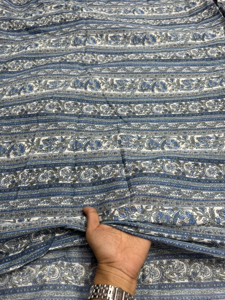 Buy Mul Cotton Blue Authentic Panel Design Printed Fabric