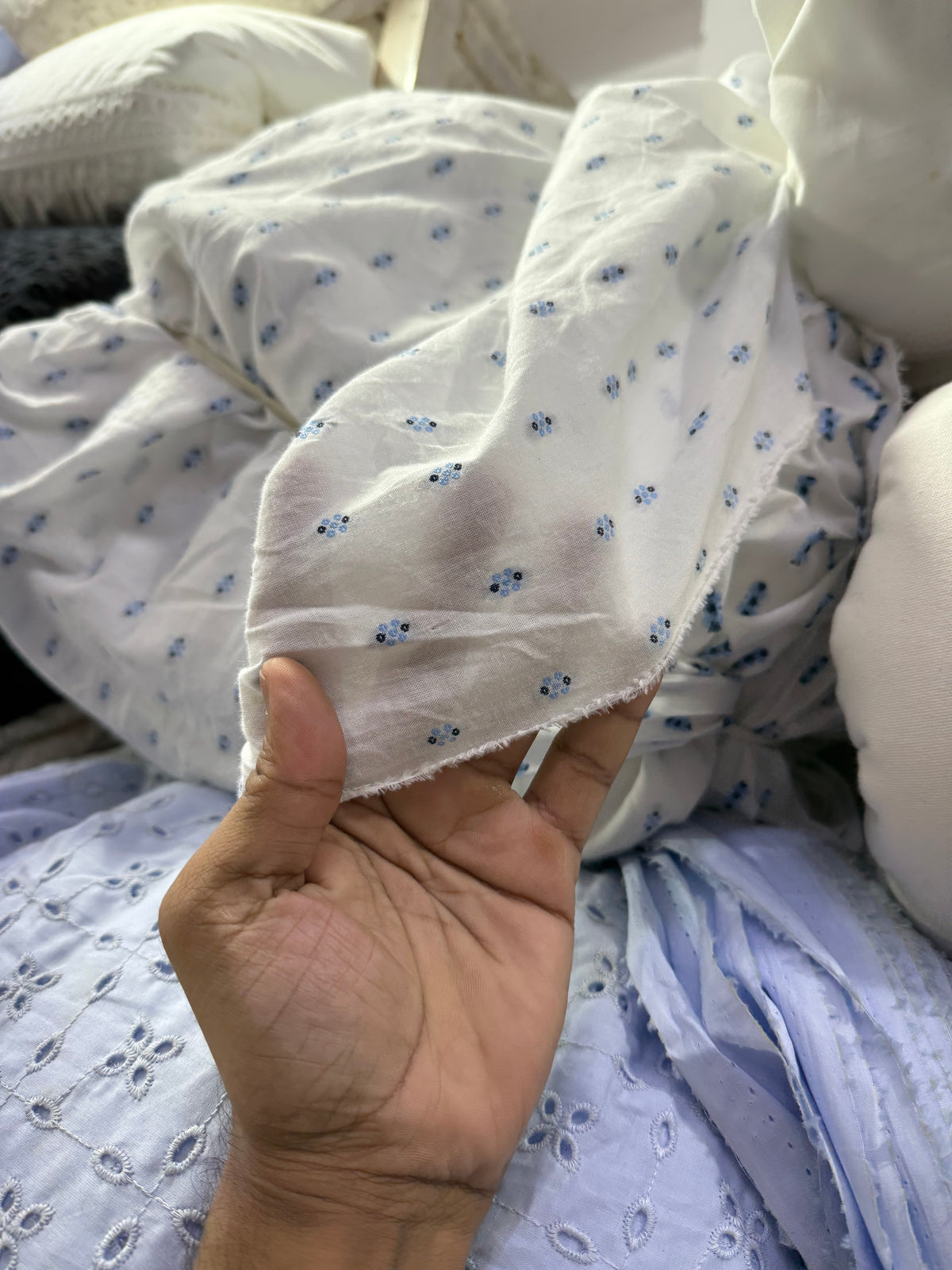 Buy Cotton White Base Blue Floral Butta Fabric