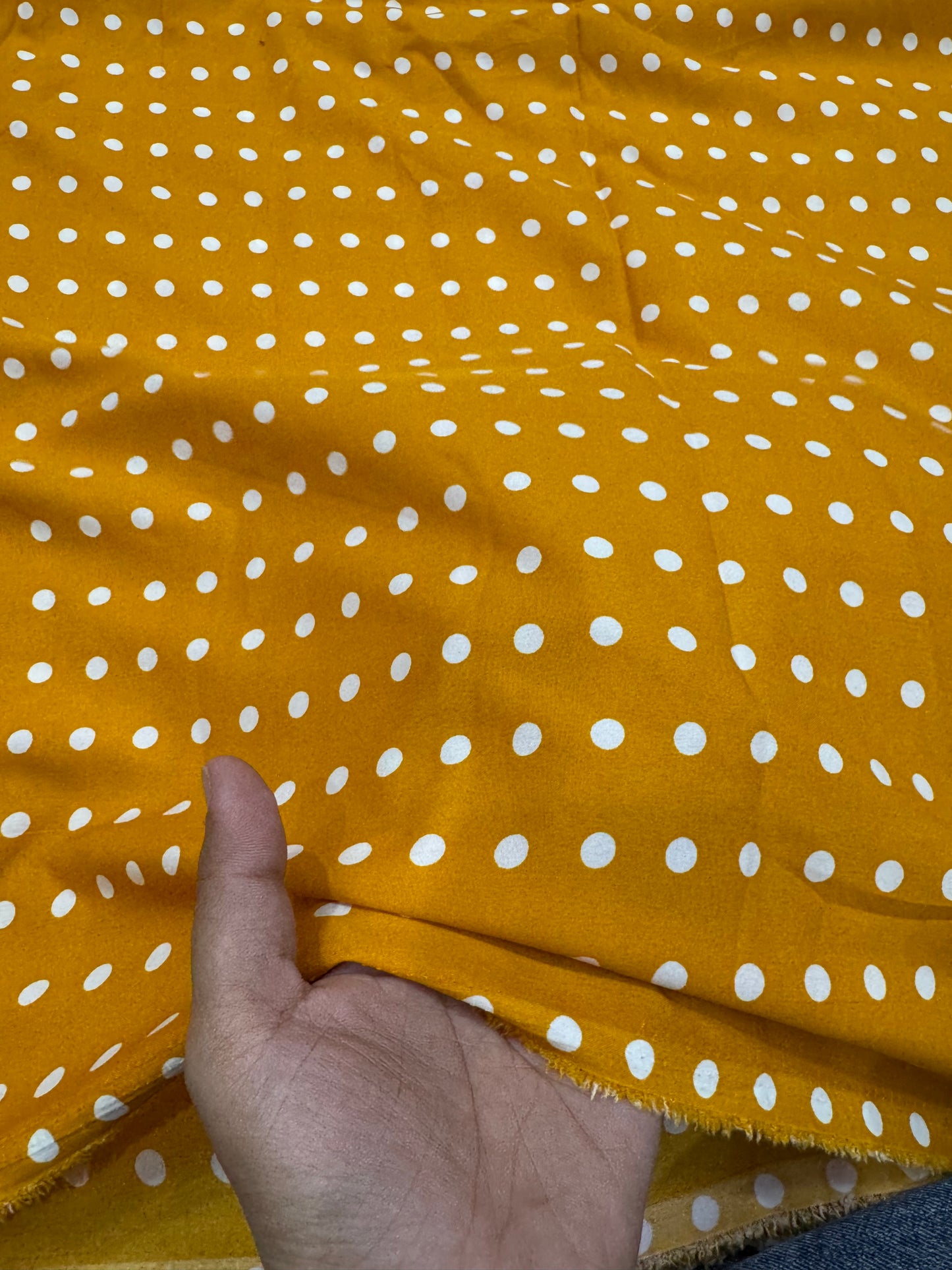 Buy Banana Crepe Yellow Base Polka Dot Printed Fabric