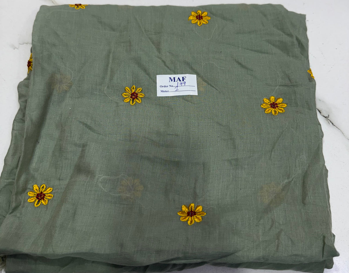 Buy Cutpiece Mul Cotton Viscose Sage Green Daisy Embroidery 1 Meter