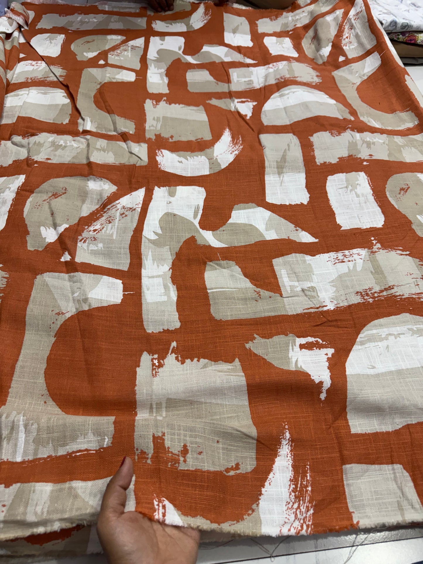 Buy Cotton Linen Rust Orange Base Abstract Block Print Fabric