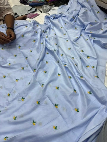 Buy Cotton Poplin Light Blue Base Lemon Embroidery