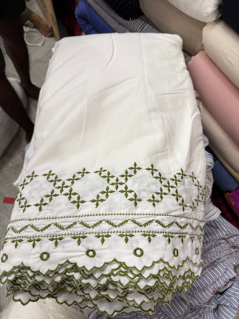 Buy Viscose Modal White Green Geometric Border Fabric