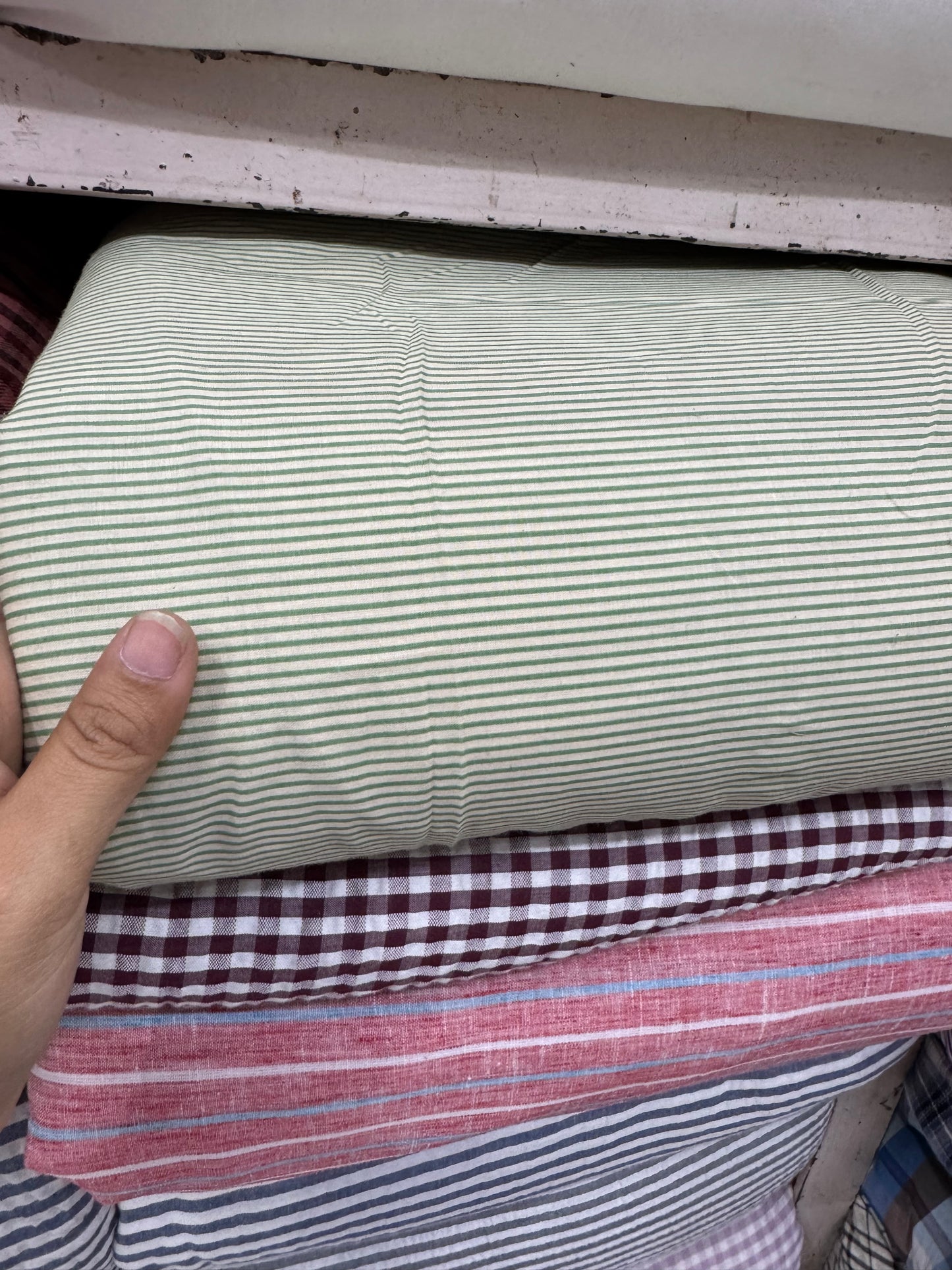 Buy Cotton Yarn Dyed Green Stripe Shirting Fabric