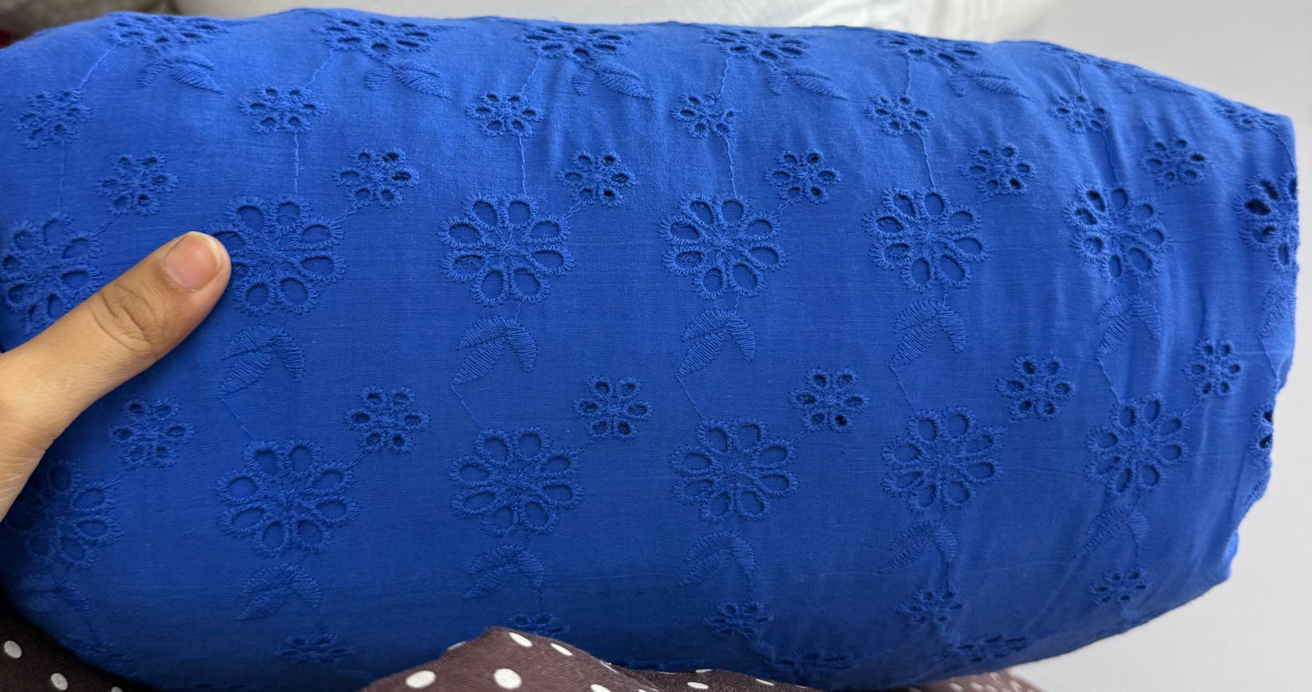 Buy Cotton Hakoba Royal Blue Leafy Joined Flower Embroidery