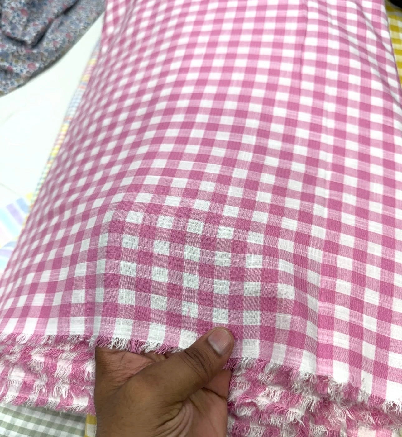 Buy Fine Linen Slub Pink White Check Fabric