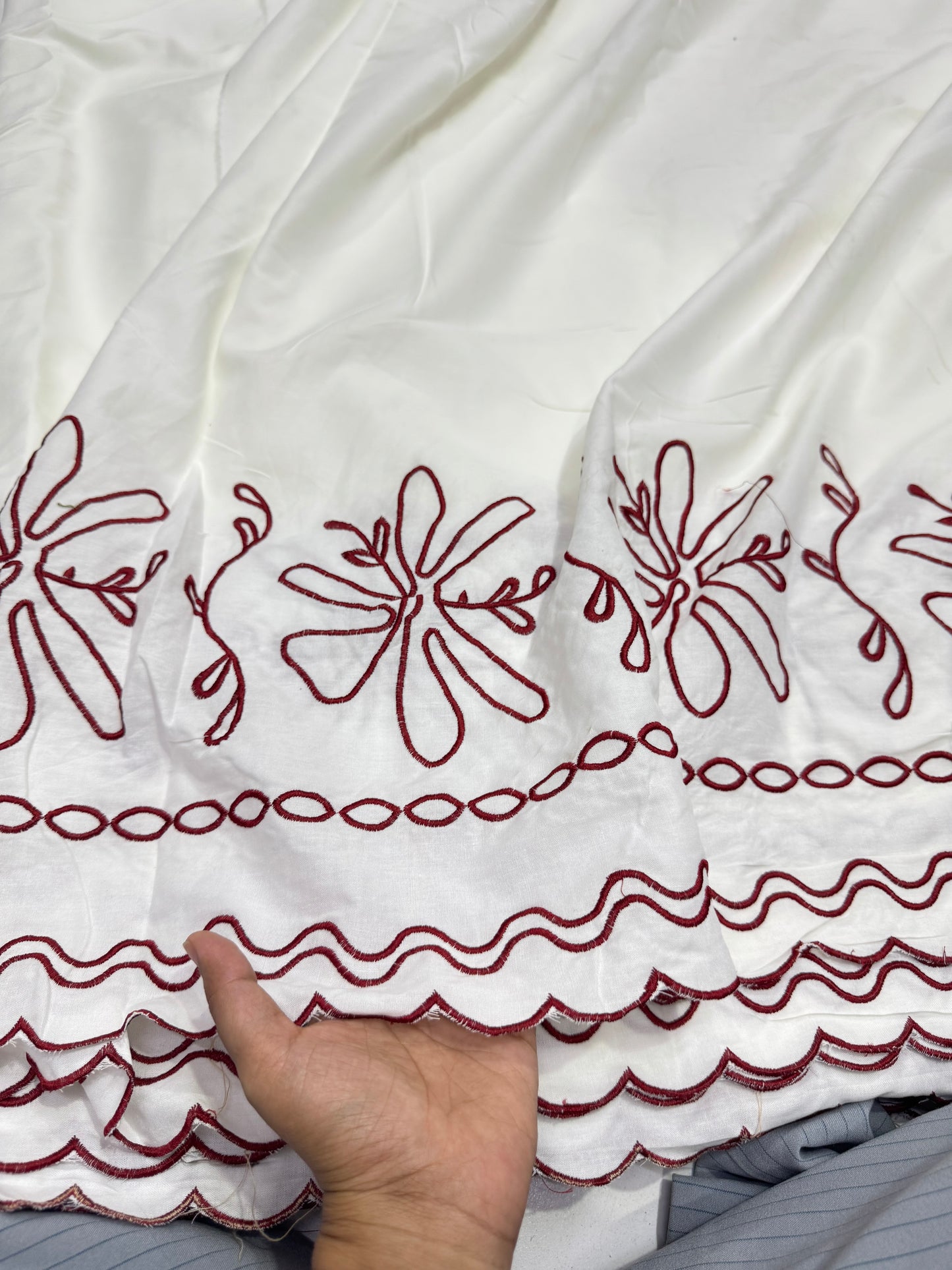 Buy Viscose Modal White Red French Border Embroidery Fabric