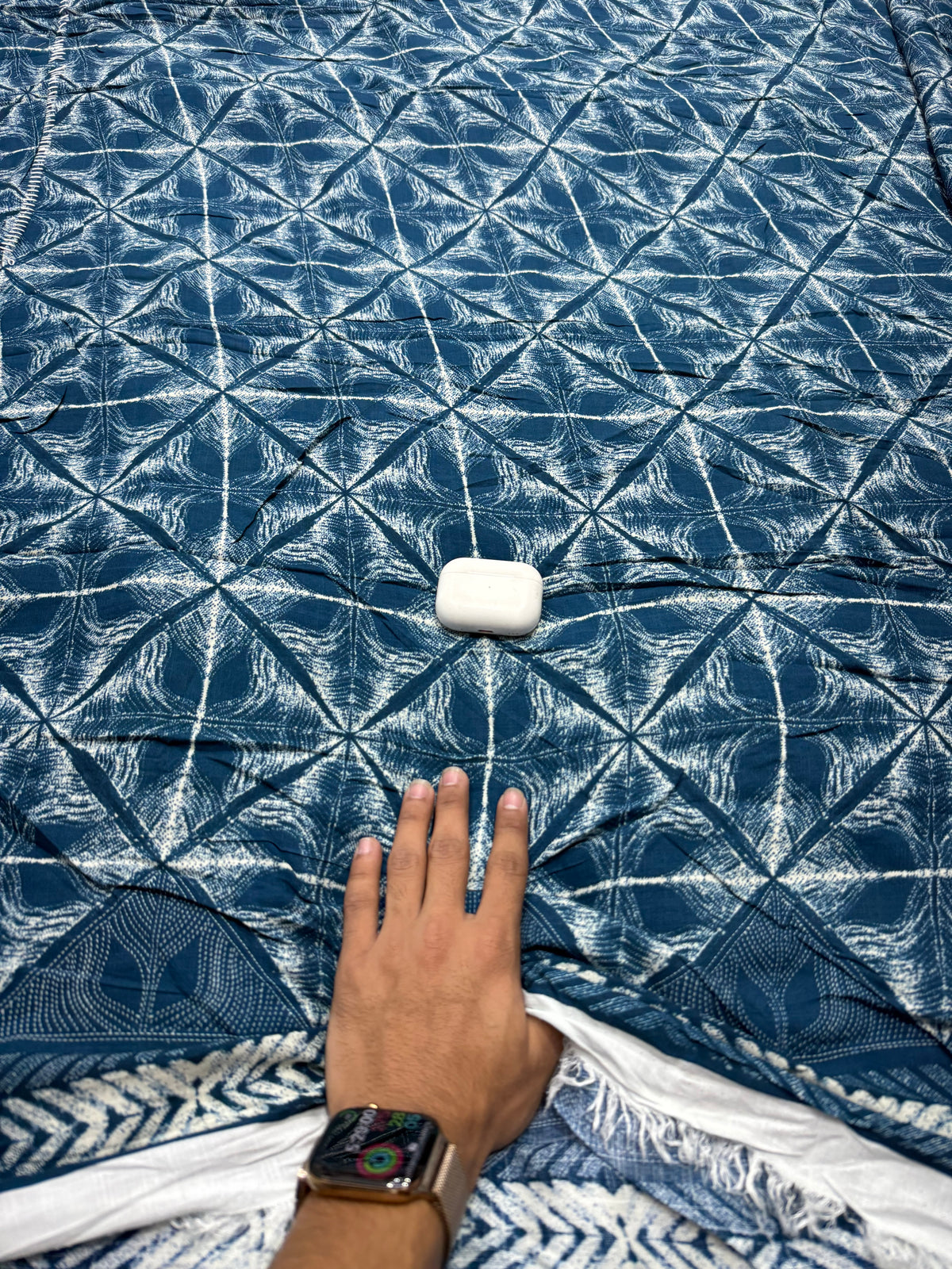 Buy Viscose Rayon Navy White Diamond Lattice Border Print Fabric