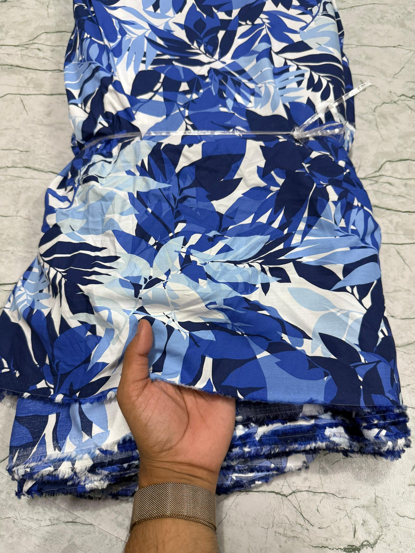Buy Cotton Viscose Bluish Tropical Leaf Printed Fabric - MAF