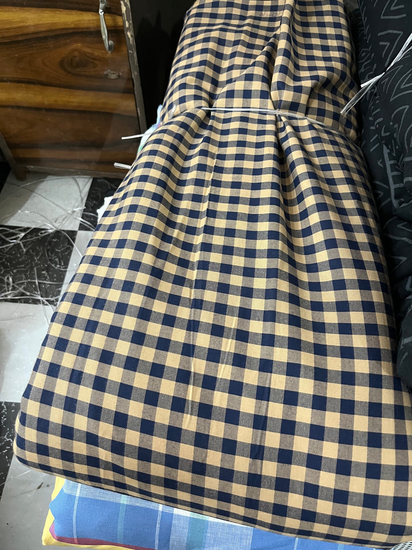Buy Mill Made Shirting Chambray Mustard Blue Check Fabric - MAF