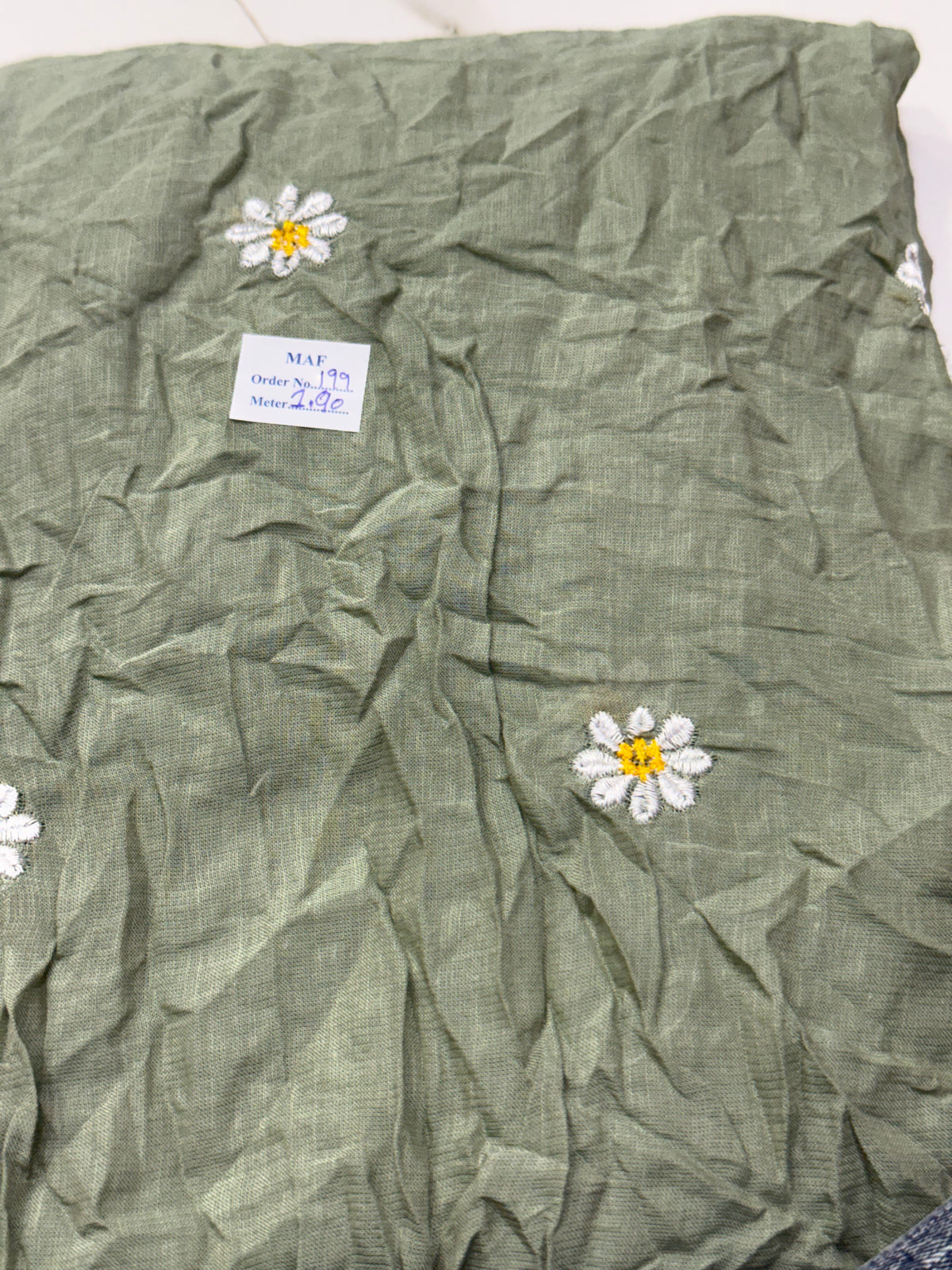 Buy Cutpiece Mul Cotton Viscose Sage Green Daisy Embroidery 1.90 Meter