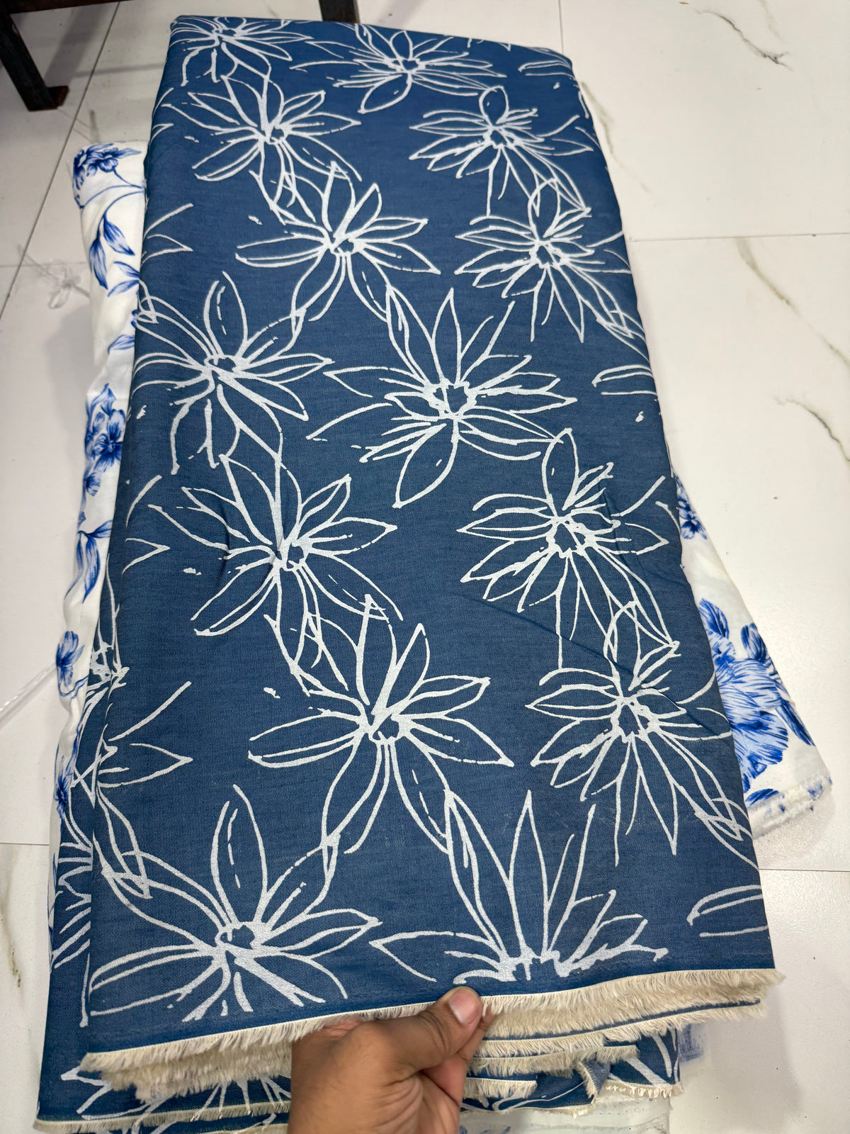 Buy Premium Cotton Denim Line Art Big Leaf Flower Printed Fabric