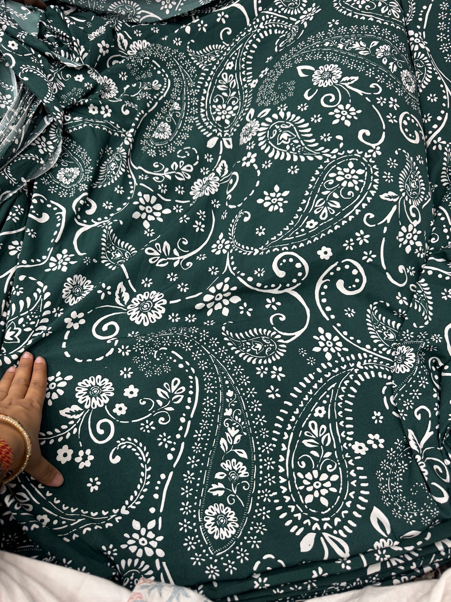Buy Banana Crepe Dark Green Base White Alpana Paisley Printed Fabric