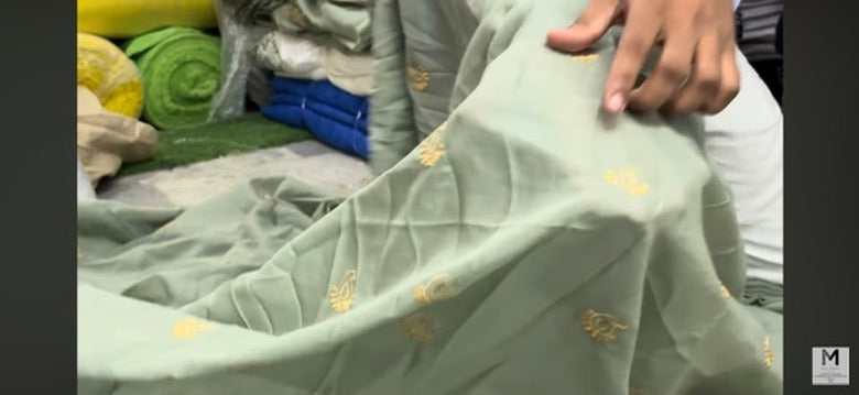 Buy Mul Cotton Viscose Sage Green Gold Paisley Embroidery Fabric