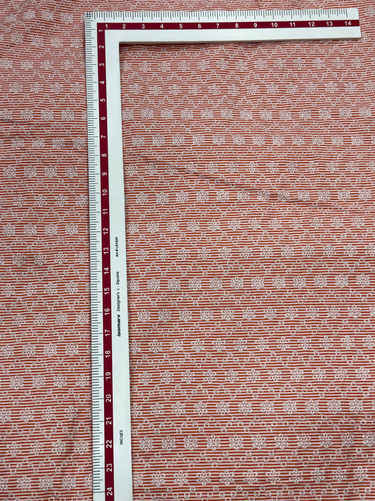 Buy Cotton Schiffli Rust Orange Stripe Embroidered Fabric