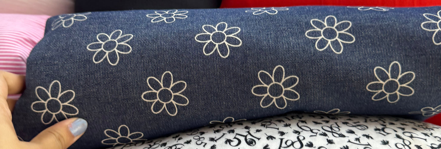 Buy Premium Cotton Denim Line Art Flower Printed Fabric