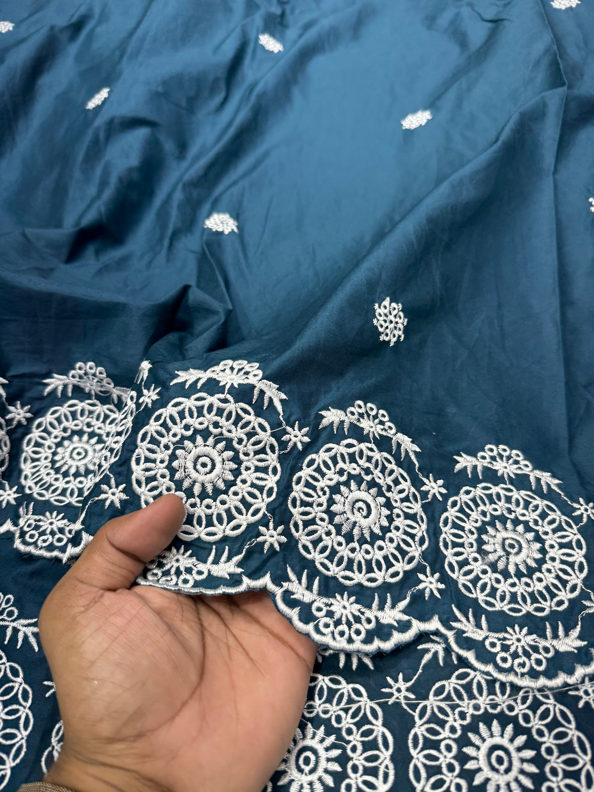 Buy Cotton Poplin Blue Base White Border Embroidery With Flower Work