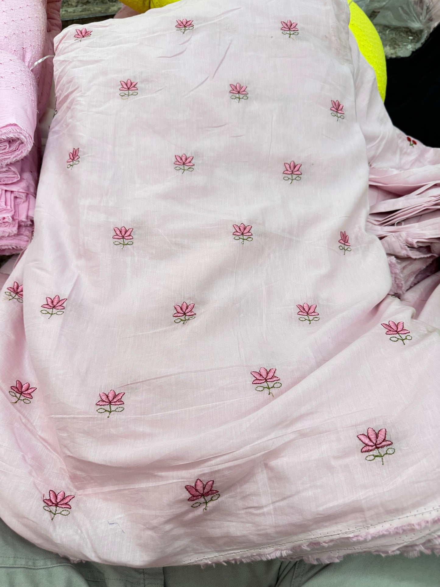 Buy Mul Cotton Baby Pink Lotus Embroidery Fabric