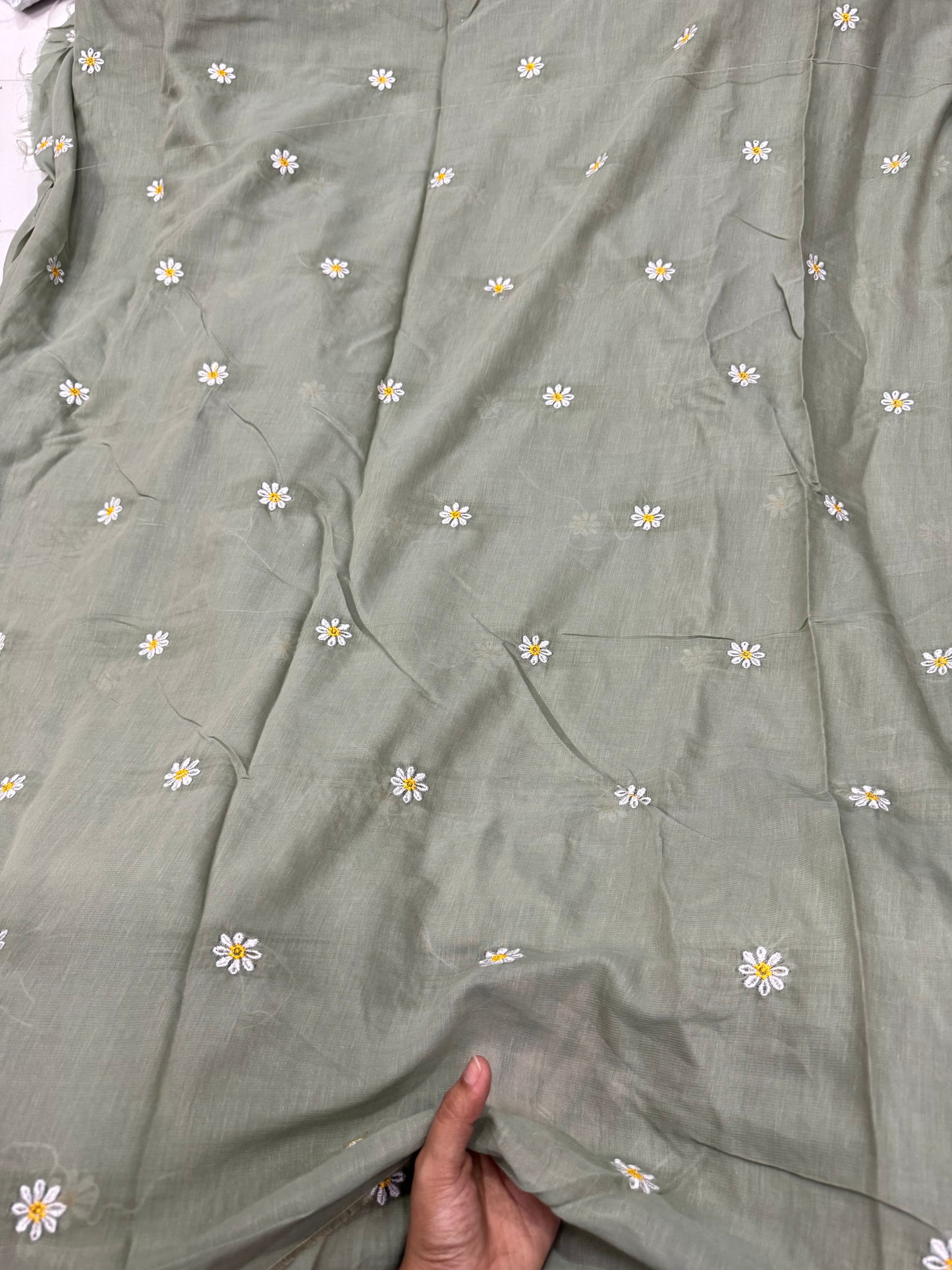 Buy Mul Cotton Viscose Sage Green Daisy Embroidery Fabric