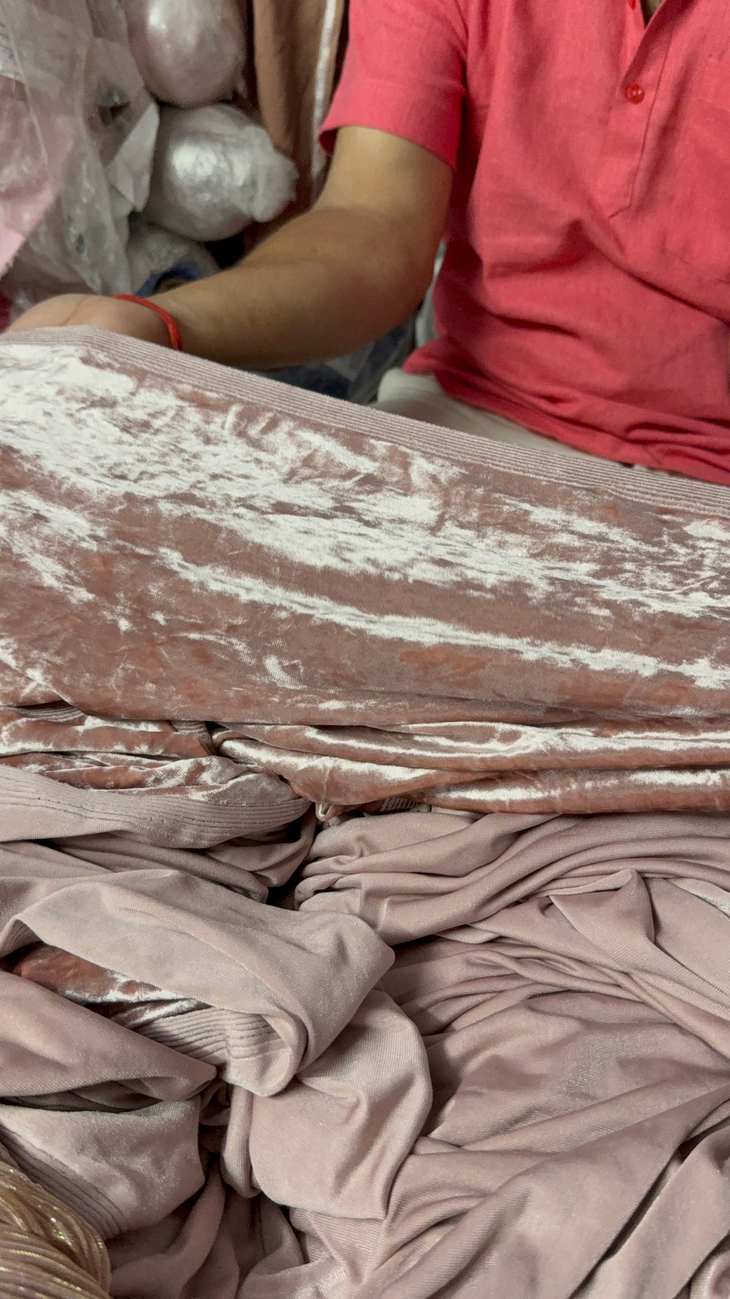Buy Solid Shinny Peach Lycra Velvet Fabric
