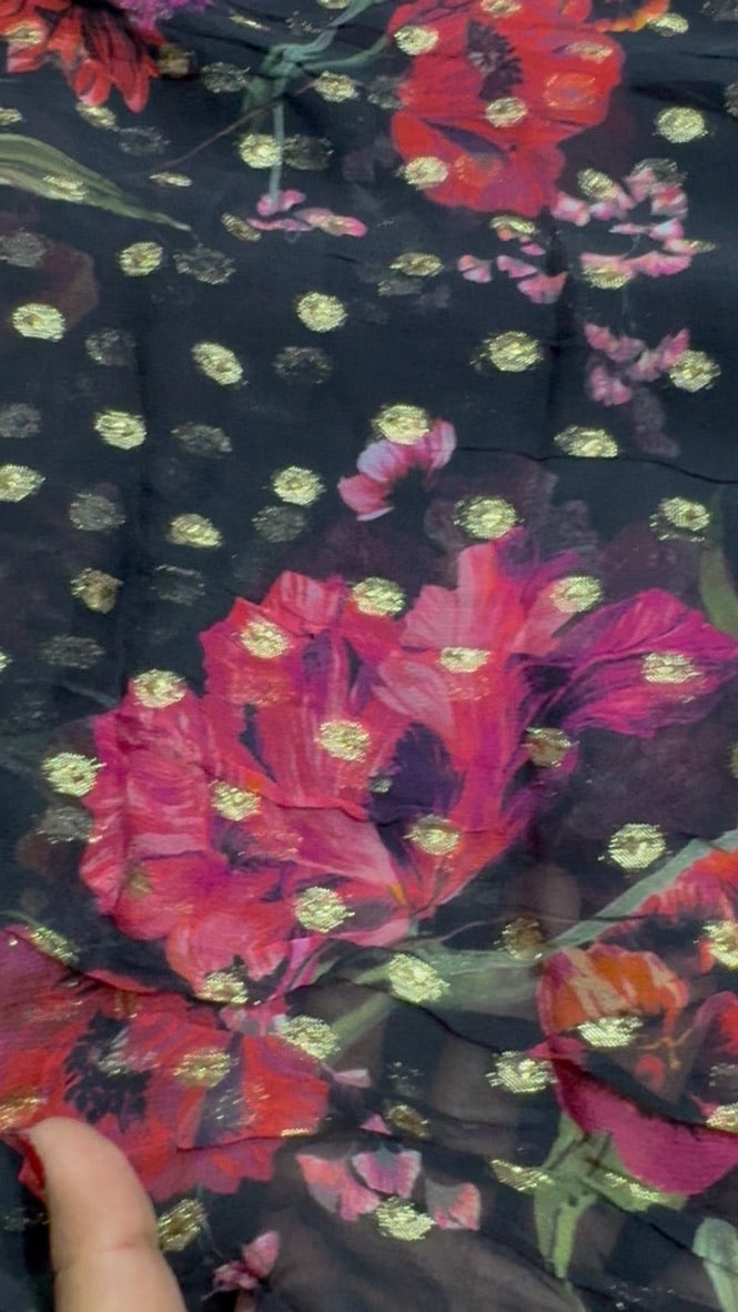Buy Viscose Chiffon Floral Printed Lurex Butta Fabric