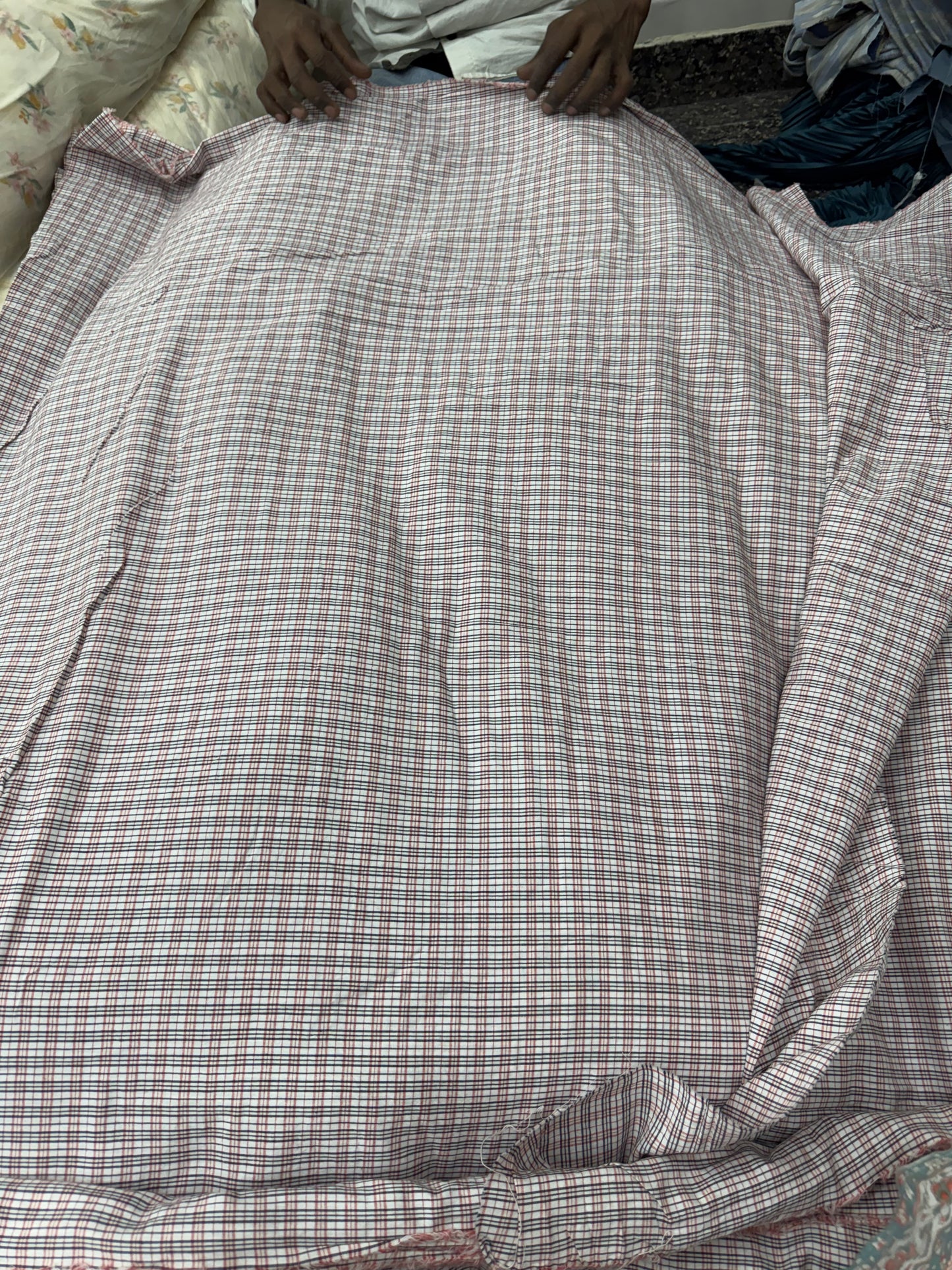Buy Cotton Small Check Yarn Dyed Beige Blue Fabric