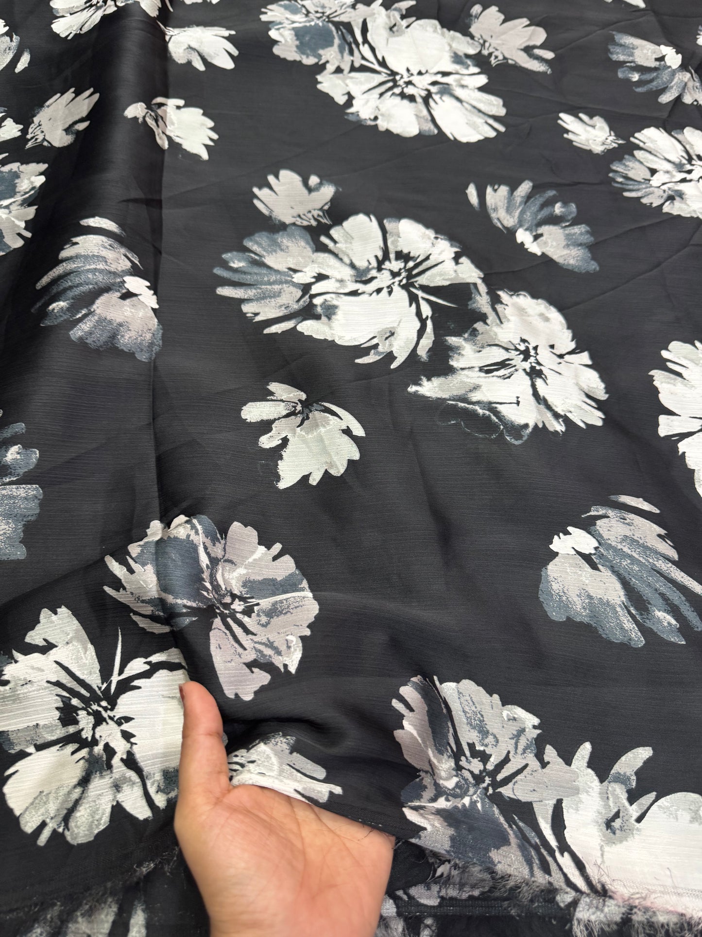 Buy Natural Bubble Silk Black Base Metallic Grey Floral Printed Fabric