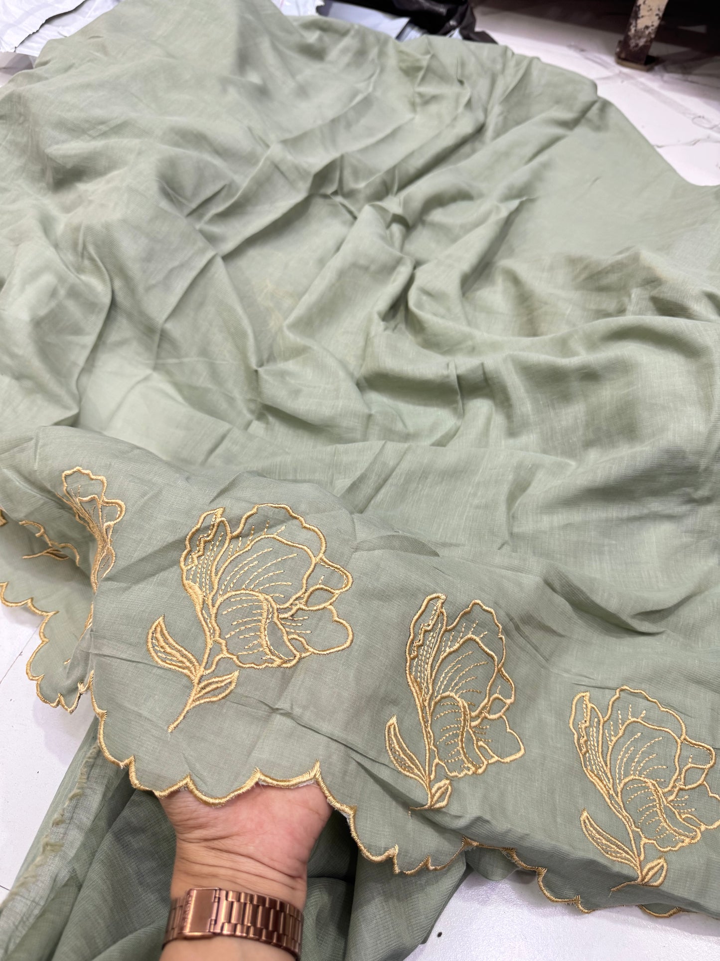 Buy Mul Cotton Viscose Sage Green Beige Abstract Flower Embroidery Fabric