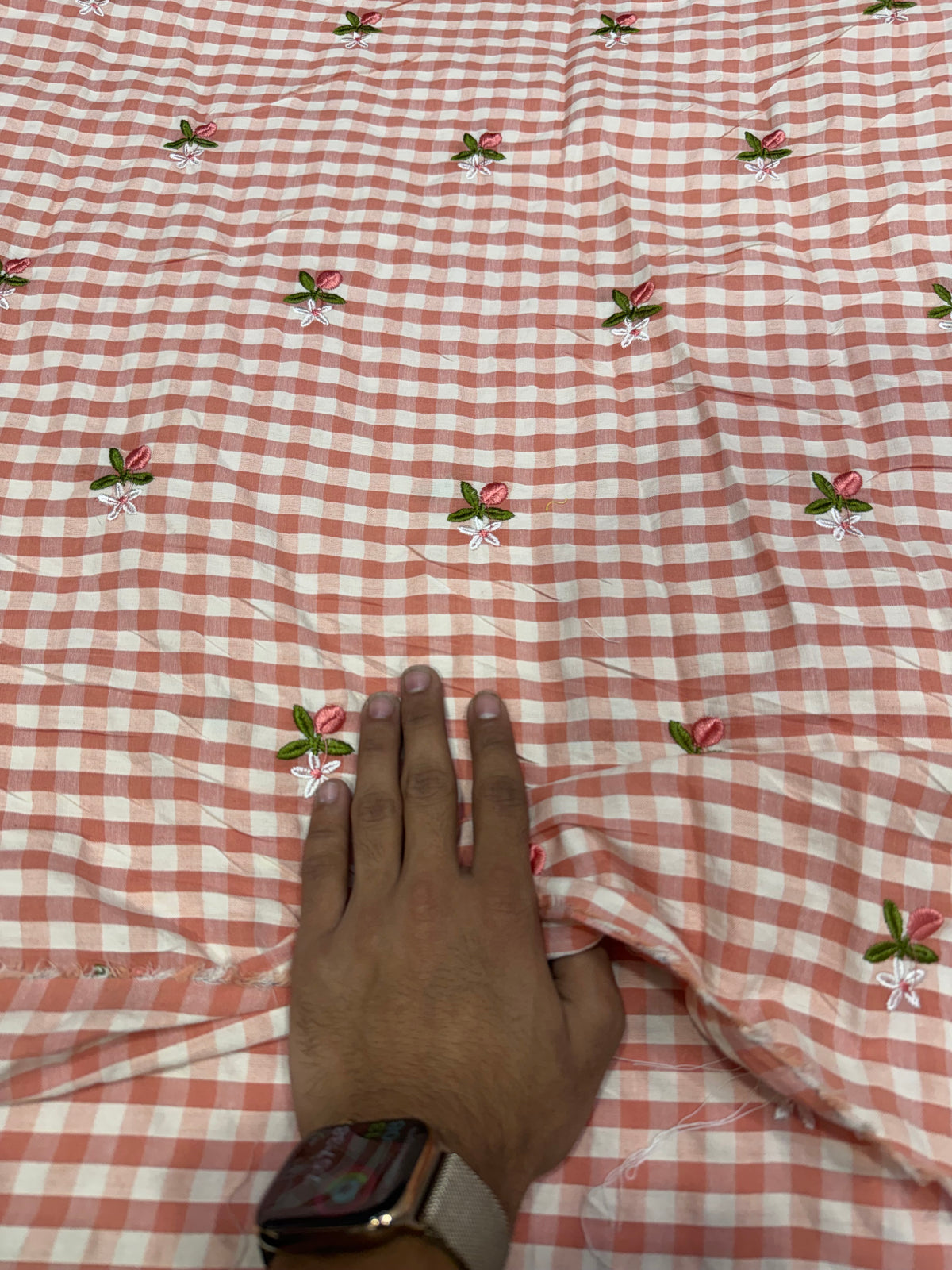 Buy Premium Seersucker Rust Pink Gingham Floral Embroidery Fabric