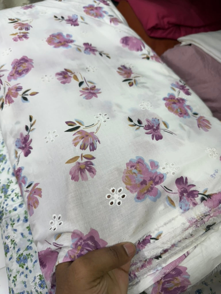 Buy Lavendar Floral Printed Cotton Hakoba Embroidery Fabric