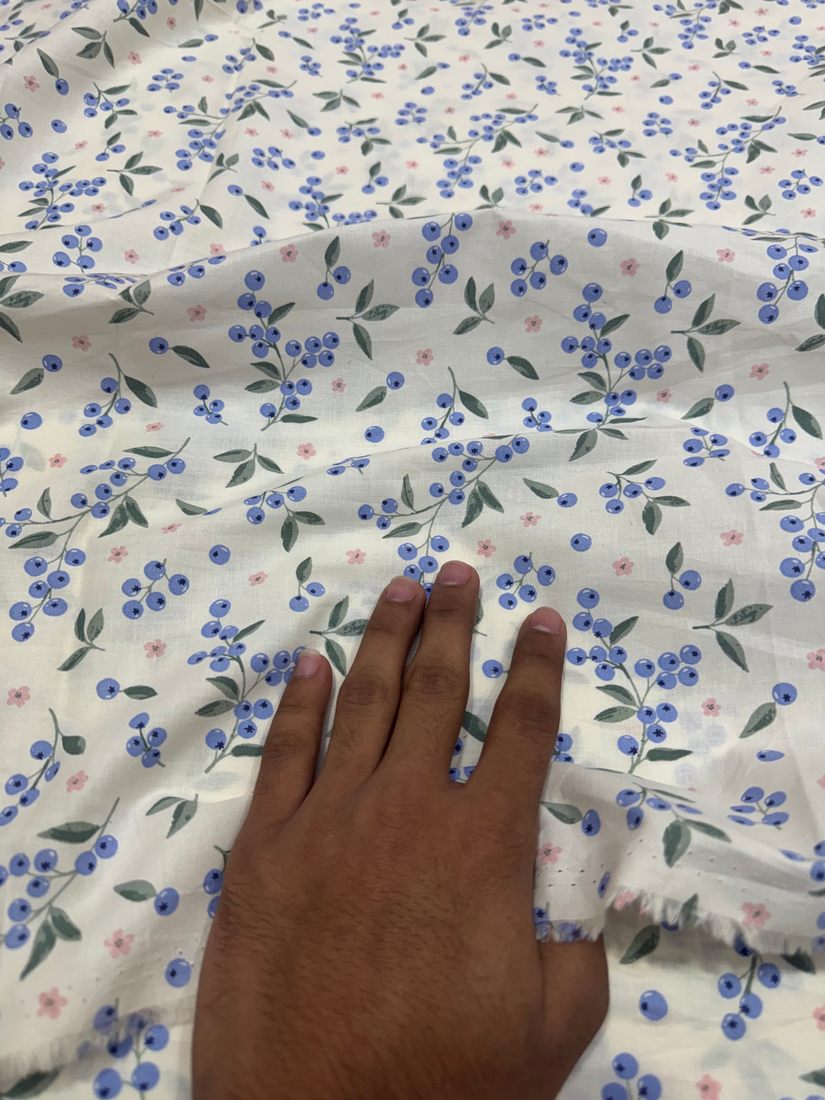 Buy Premium Cotton Off White Blueberry Sprig Print Fabric