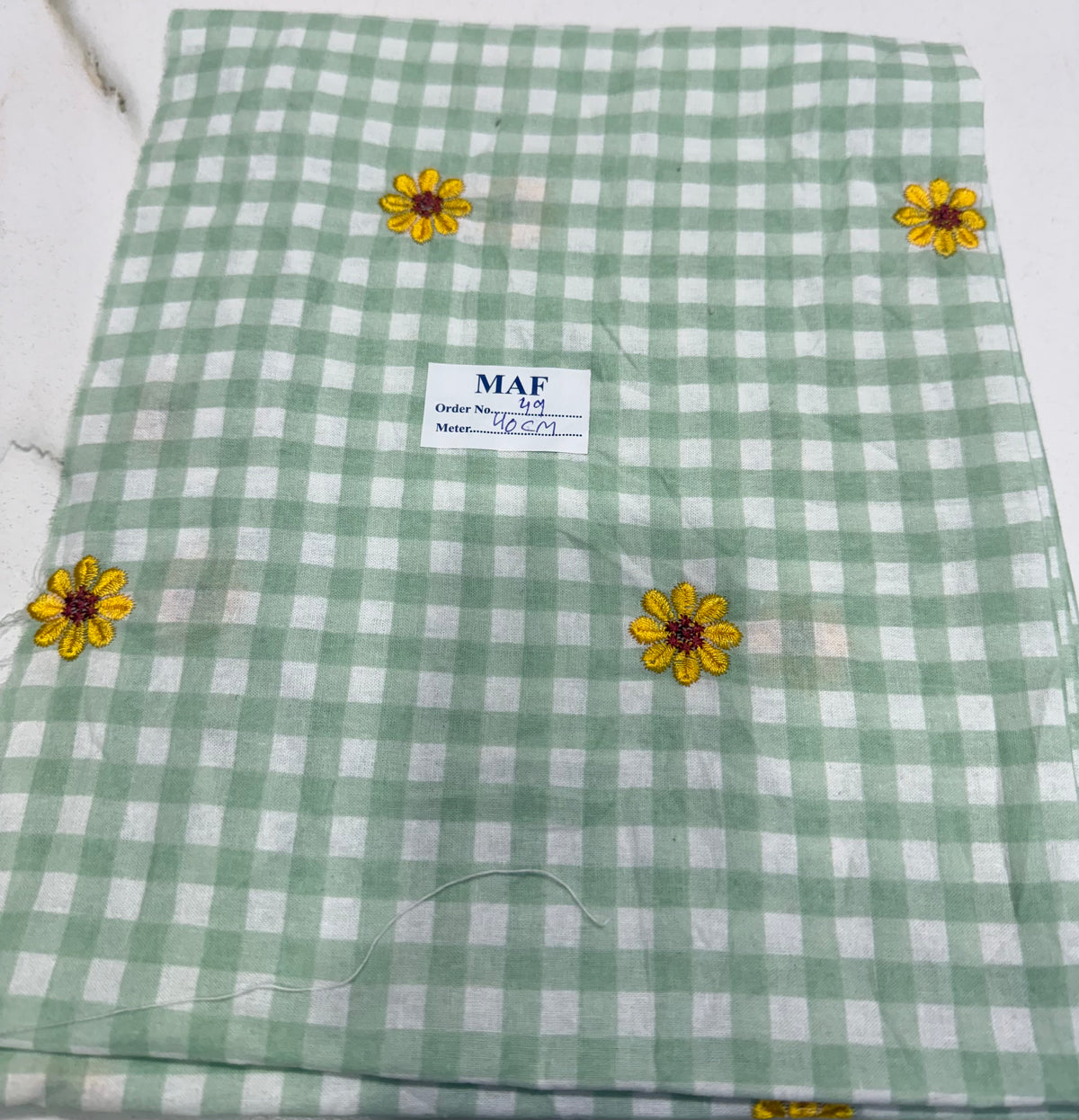 Buy Cutpiece Mint Green Flower Embroidery Gingham Check 40 Centimeter