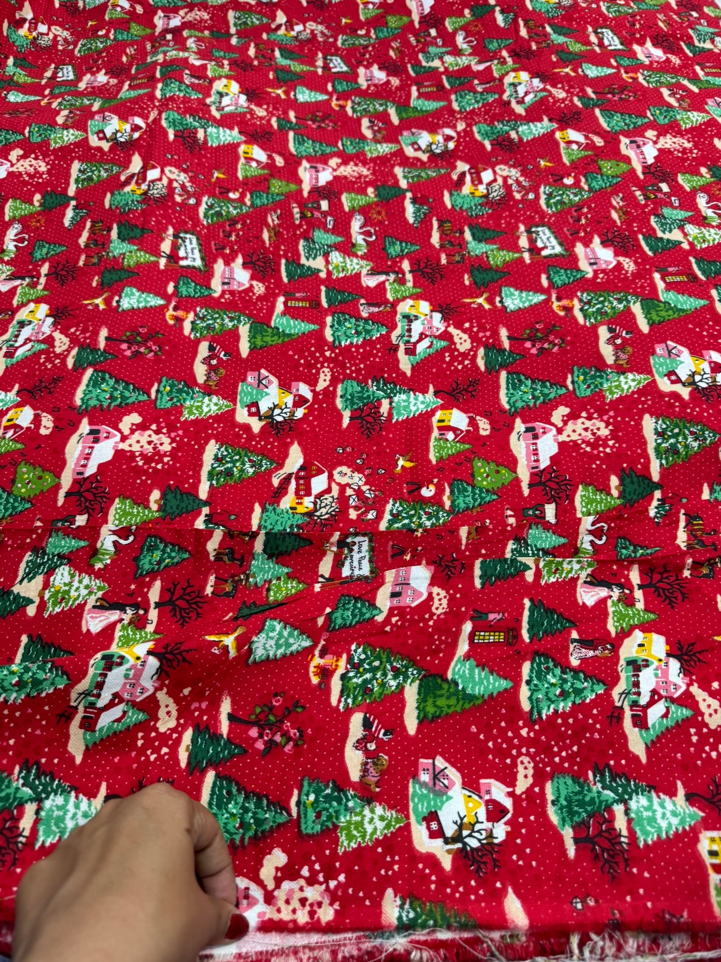 Buy Cotton Twill Red Base Christmas Tree House Printed Fabric