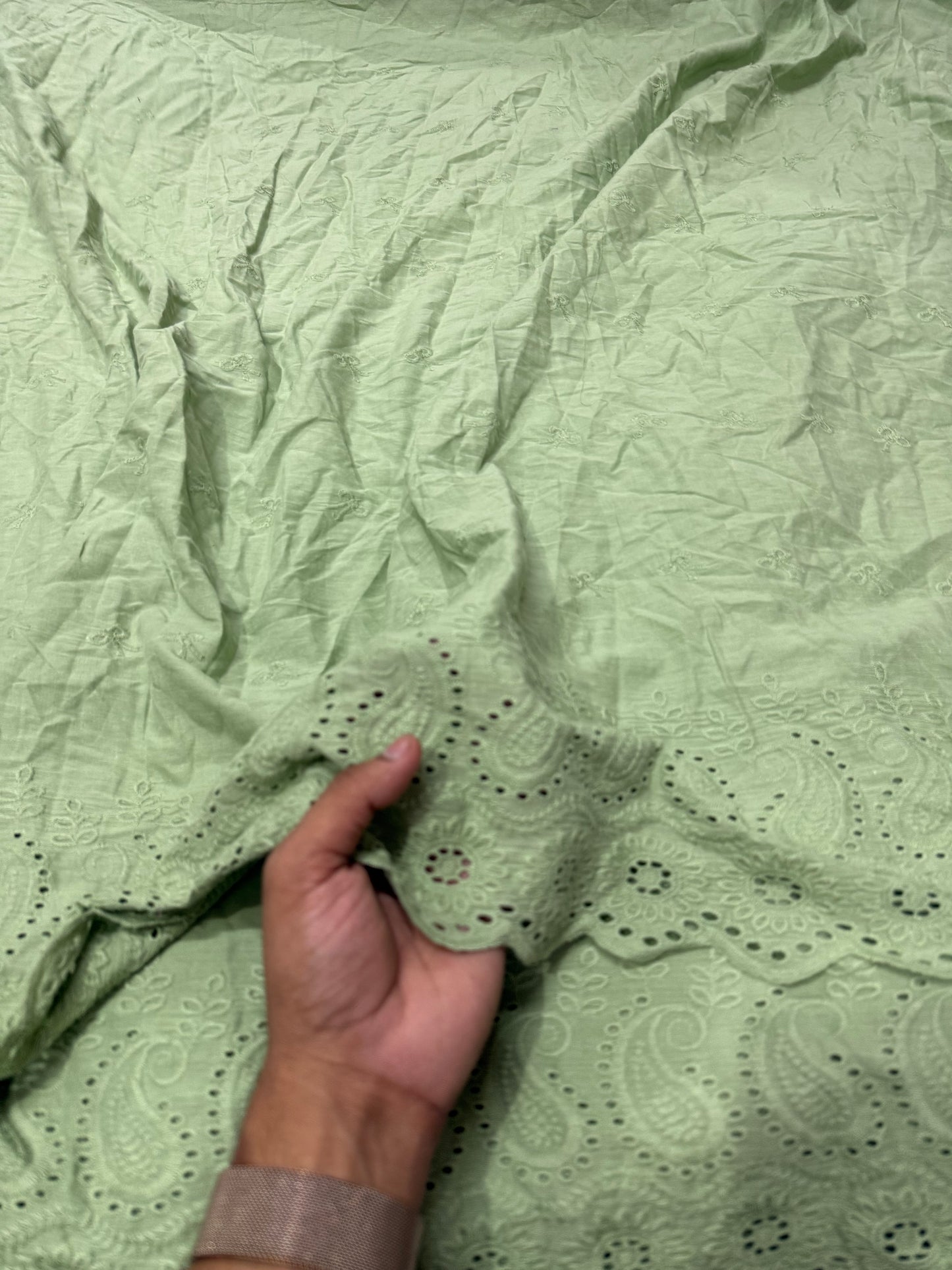 Buy Cotton Hakoba Sage Green Paisley Border Embroidery Fabric - MAF