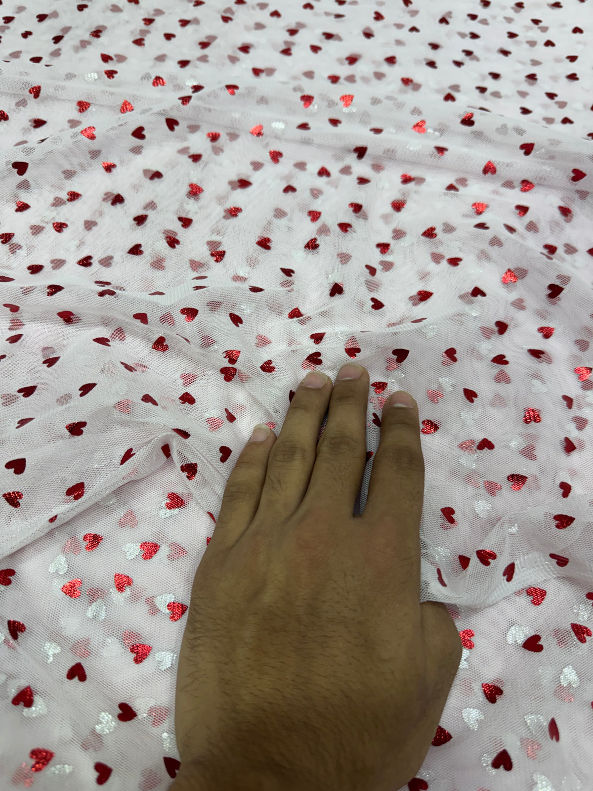 Buy Mesh Pink Red Glitter Heart Print Fabric