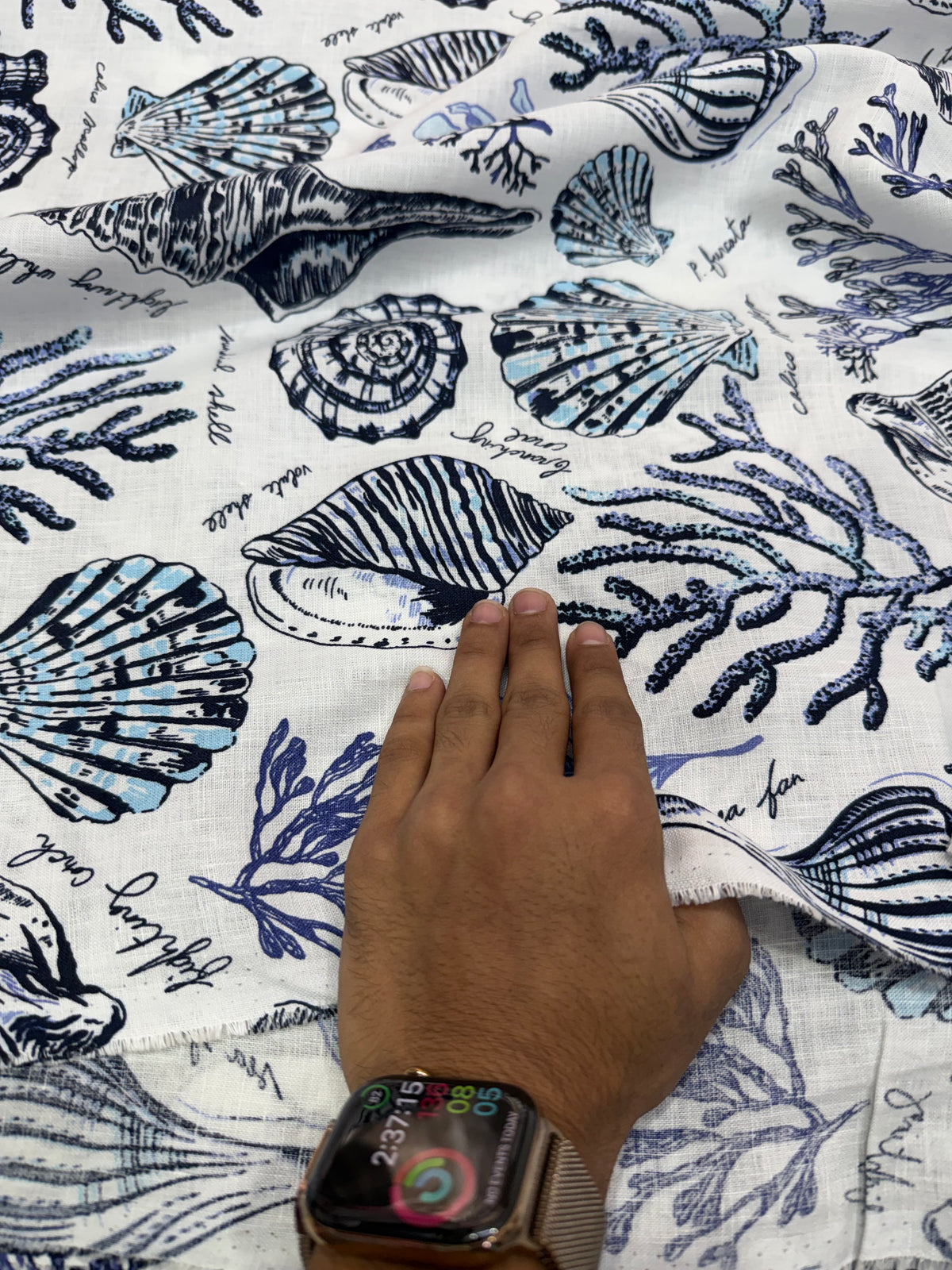 Buy Pure Linen Blue Nautical Seashell Coral Print Fabric