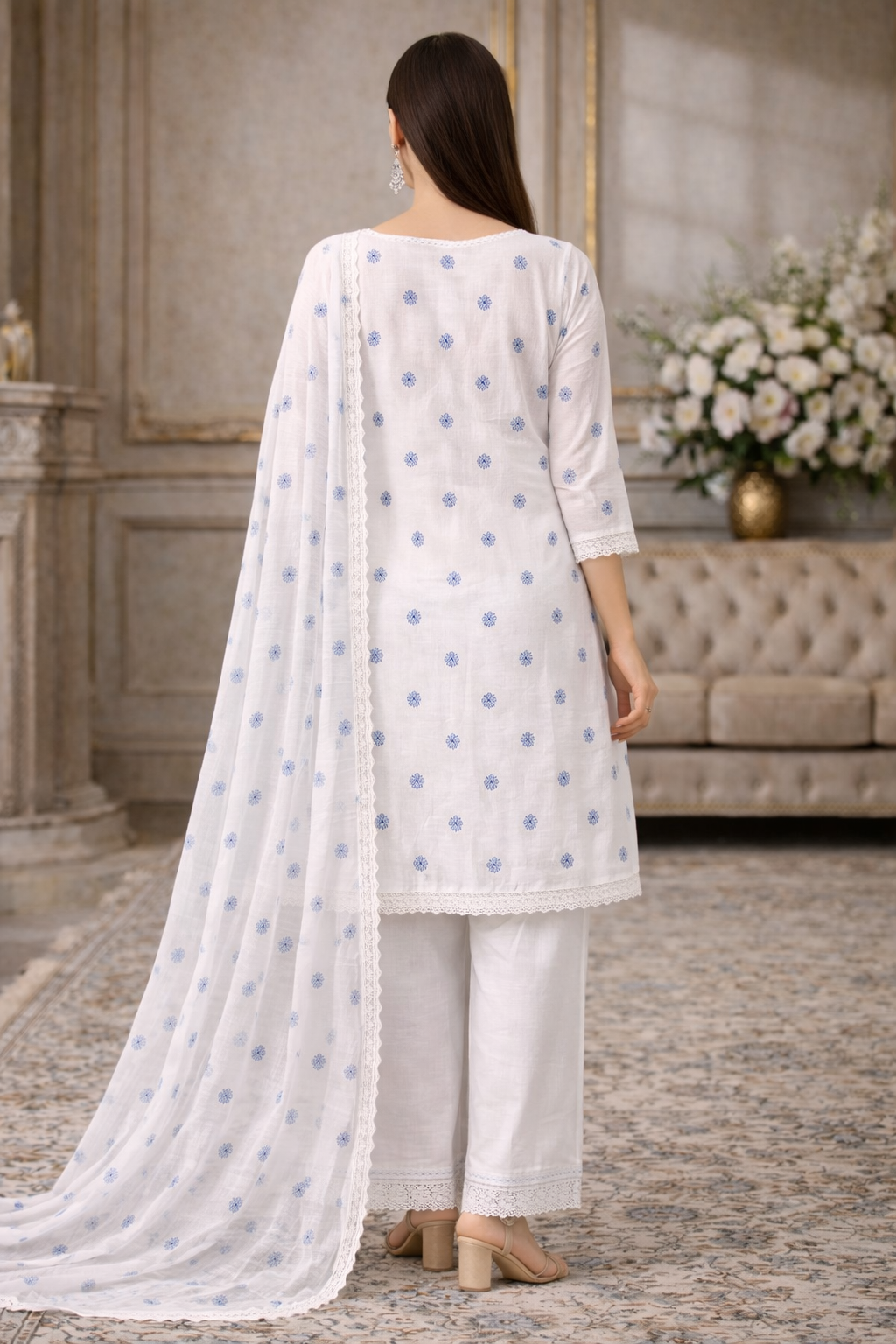 Buy Cotton Jacquard White Base Blue Butta Fabric