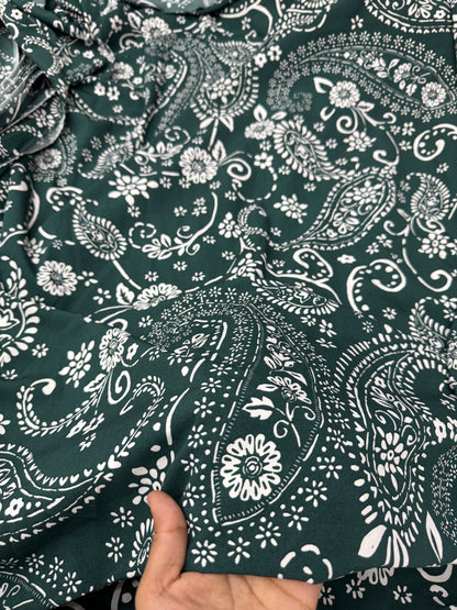 Buy Banana Crepe Dark Green Base White Alpana Paisley Printed Fabric
