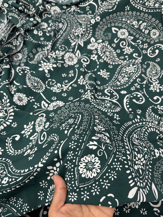 Buy Banana Crepe Dark Green Base White Alpana Paisley Printed Fabric