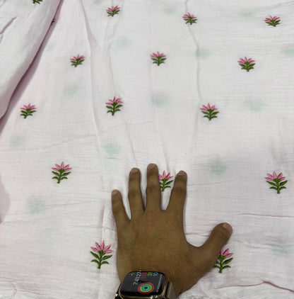 Buy Premium Cotton Double Cloth White Pink Floral Sprig Embroidery Fabric