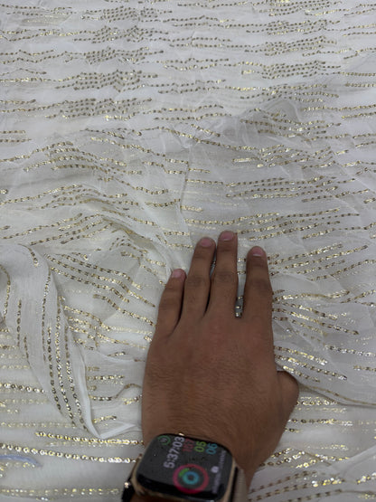 Buy Premium Viscose Chiffon White Gold Foil Chevron Stripe Fabric