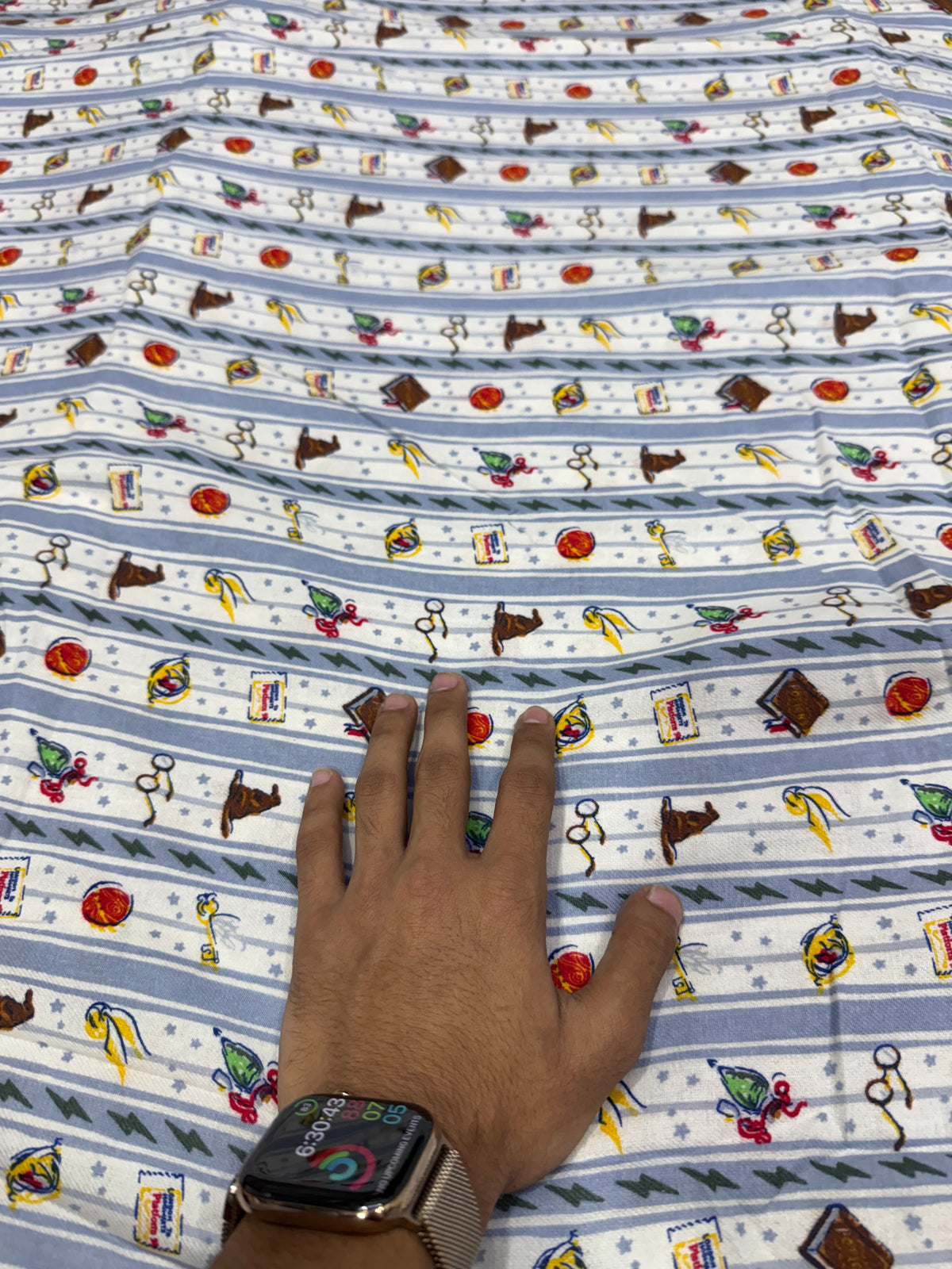 Buy Premium Cotton Flannel Blue Stripe Multicolor Novelty Icon Print Fabric