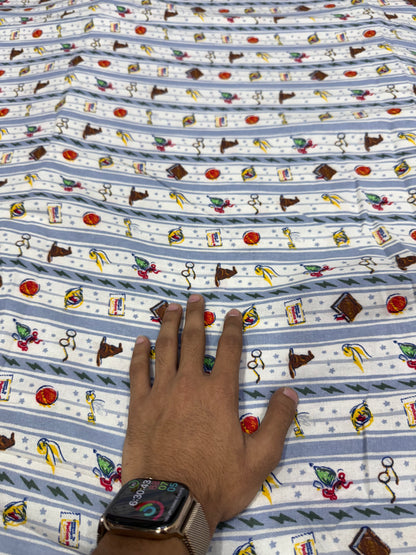 Buy Premium Cotton Flannel Blue Stripe Multicolor Novelty Icon Print Fabric