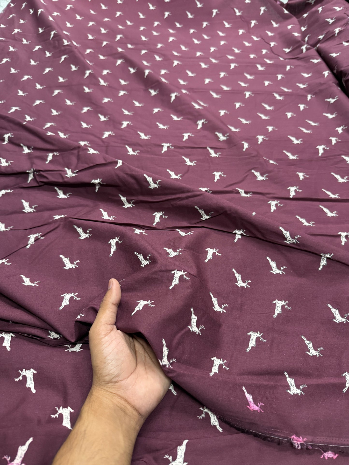 Buy Wine Poplin Reindeer Printed Fabric - MAF 
