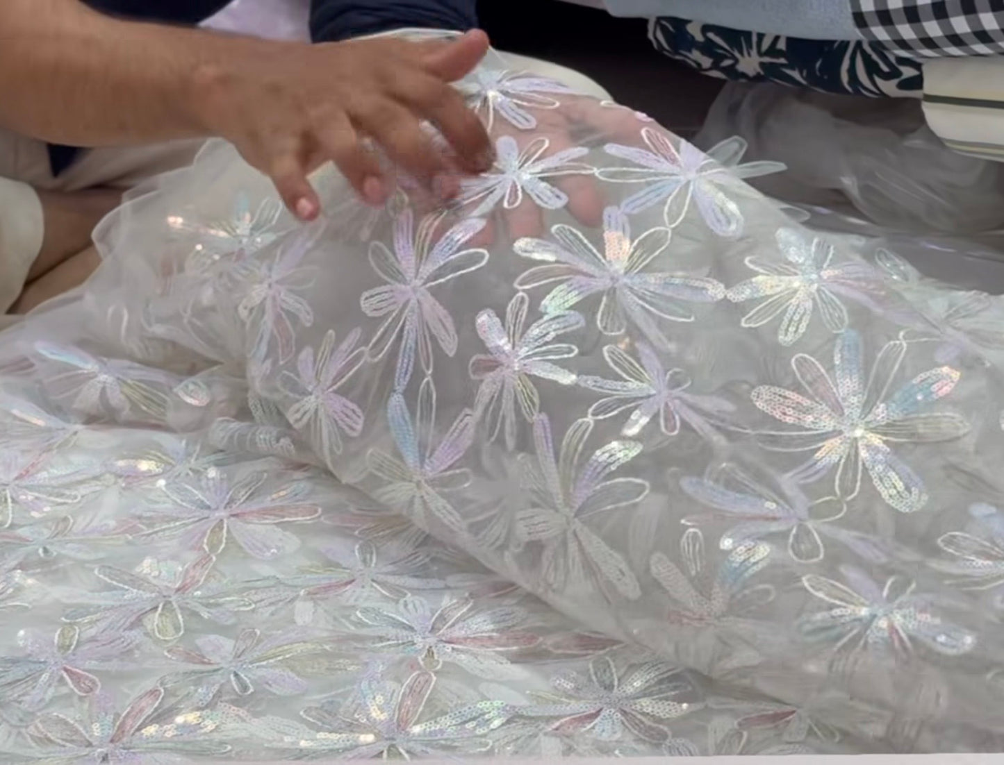 Buy 3D White Mesh Sequin Appliqué Tulle Fabric