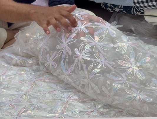 Buy 3D White Mesh Sequin Appliqué Tulle Fabric
