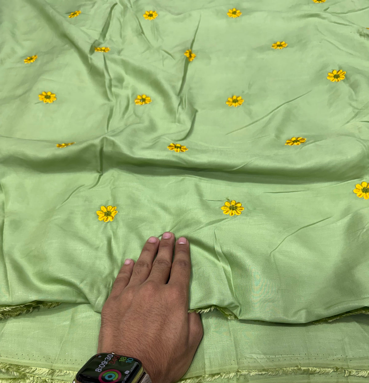 Buy Rayon Viscose Apple Green Daisy Embroidery Fabric