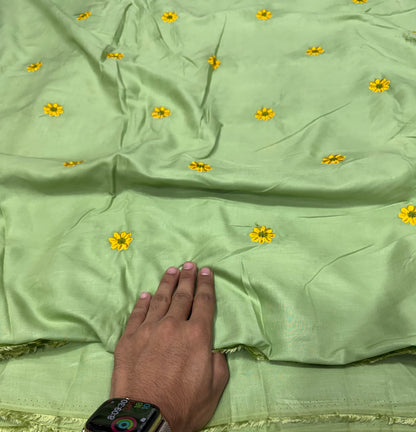 Buy Rayon Viscose Apple Green Daisy Embroidery Fabric