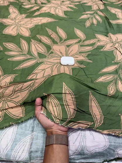 Buy premium Rayon Twill Olive Green Tan Tropical Leaf Print Fabric