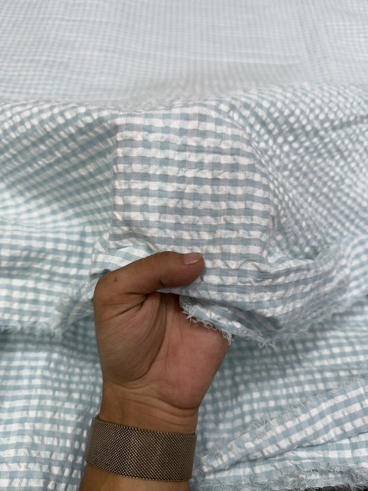Buy Premium Seersucker Powder Blue White Gingham Check Fabric